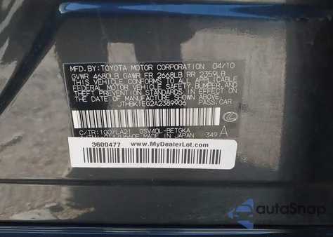 2010 Lexus Es 350 from USA, damaged, VIN JTHBK1EG2A2389906